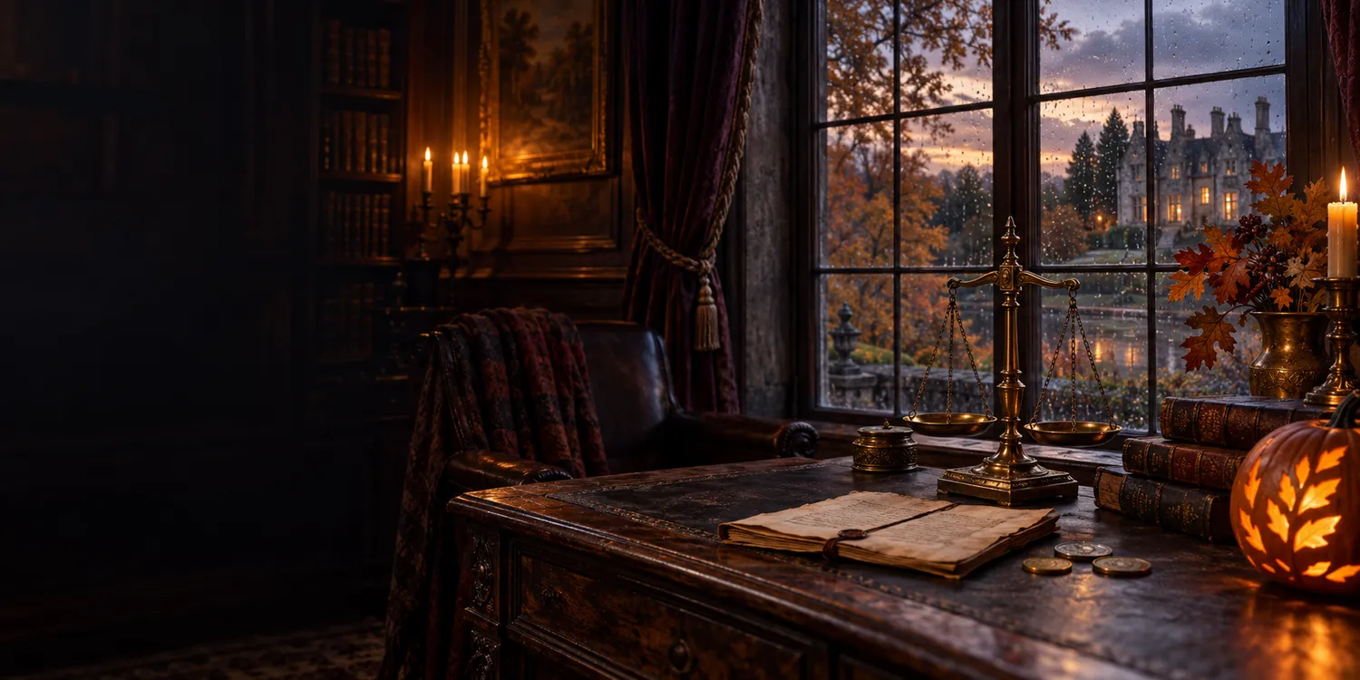 A balance and coins on a library desk, candlelight and a pumpkin beside the window.